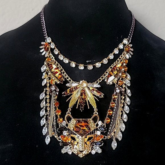 New Vintage! BETSEY JOHNSON Hollywood Glam Tiger Leopard Statement Bib Necklace. - Picture 1 of 13
